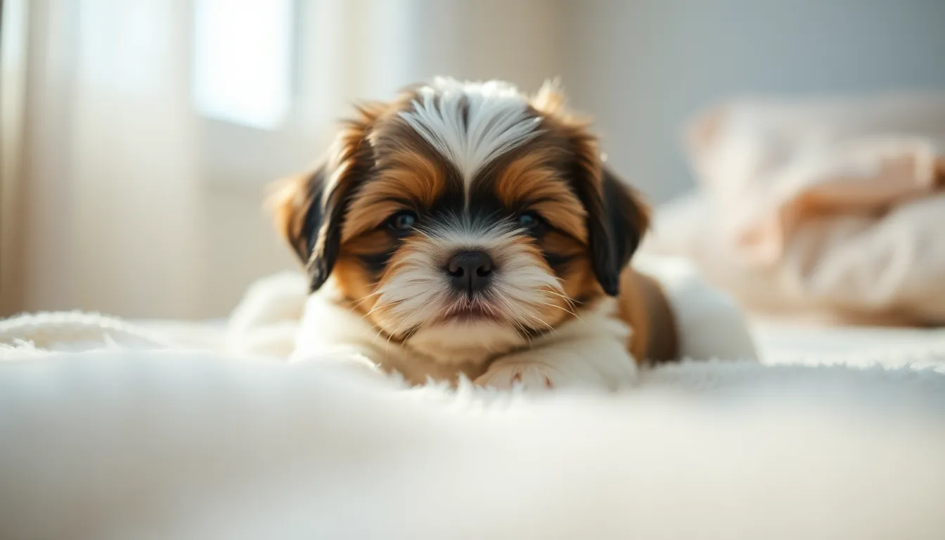 An intimate portrait of a serene Shih Tzu puppy resting on a plush blanket captures the essence of tranquility. Bathed in soft, diffused light from a nearby window, the puppy's delicate features and fluffy fur are highlighted with gentle pastels. This calming composition draws the viewer's focus directly to the puppy's peaceful expression, evoking feelings of warmth and comfort.