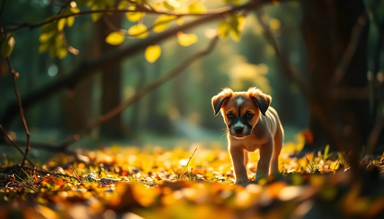 A curious golden retriever puppy explores the forest floor, surrounded by dappled sunlight filtering through the leaves. The shallow depth of field ensures the puppy is in sharp focus, while the soft bokeh creates a dreamy atmosphere. Enhanced by cinematic teal and orange tones, this enchanting scene captures the adventurous spirit of a puppy in nature. The intricate details of the puppy's fur and the textures of the forest add depth to this captivating image.