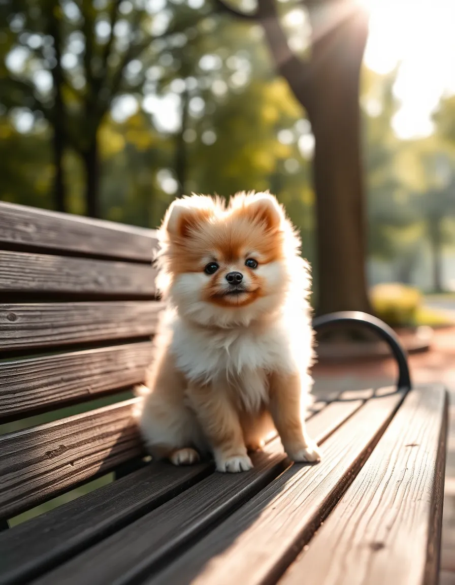 This delightful portrait features a fluffy Pomeranian puppy sitting on a rustic wooden bench, basking in the gentle morning light. The soft illumination highlights the puppy's vibrant fur and bright, inquisitive expression, creating a warm and inviting atmosphere. With a shallow depth of field, the background softly blurs into a pastel palette, enhancing the overall tranquility of the scene. The composition perfectly balances the puppy's charm with the textured bench, evoking feelings of warmth and comfort that pet owners cherish.