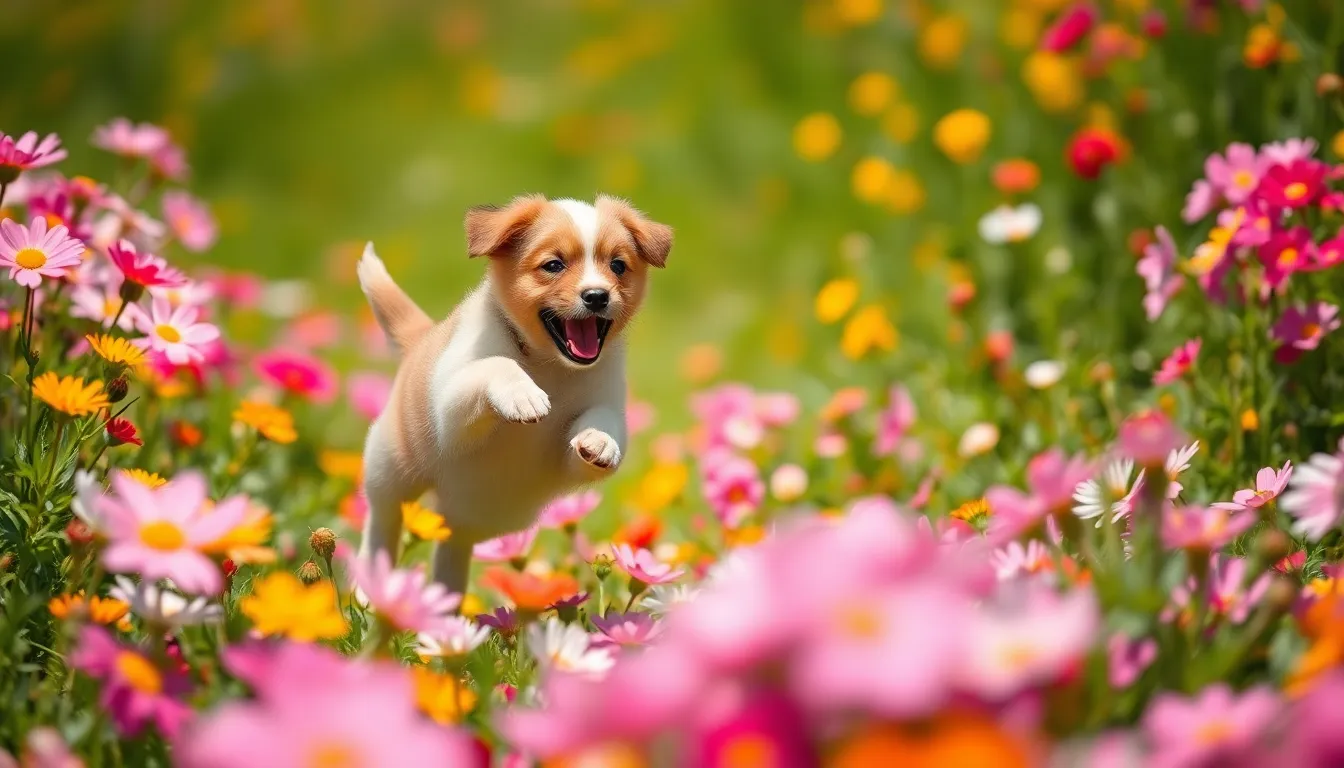 Playful Puppy Leaping Through Flower Field A joyful puppy leaps through a vibrant field of flowers under a bright sunny sky. The playful movement captures the essence of a carefree day, while the colorful blooms create a cheerful backdrop. The natural sunlight enhances the vibrancy of the scene, drawing focus on the puppy's excited expression. This image embodies the happiness and vitality associated with youthful exploration.
