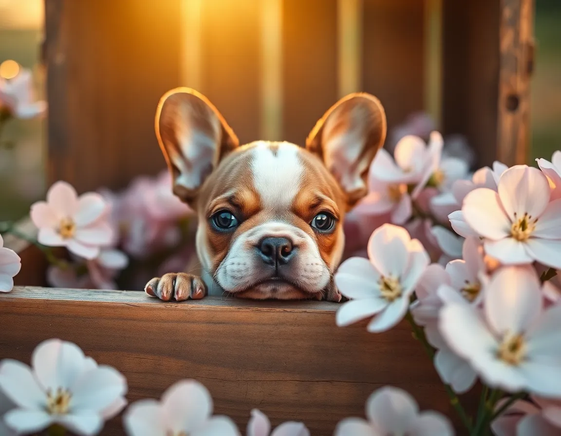 French Bulldog Puppy in Rustic Wooden Crate In this charming image, a curious French bulldog puppy peeks out from a rustic wooden crate filled with delicate pastel flowers. The warm golden hour light bathes the scene, enhancing the puppy's playful demeanor and the soft colors of the surrounding flora. With rich textures captured in both the puppy's fur and the wooden crate, the image evokes a sense of warmth and rustic charm. This enchanting composition is perfect for showcasing the adorable innocence of puppies.