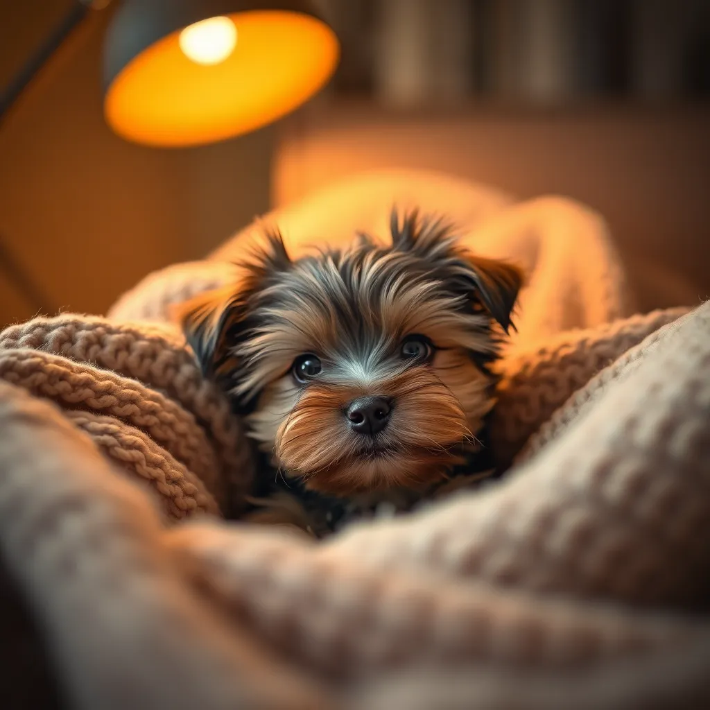 An adorable Yorkshire terrier puppy snuggles among soft, richly textured blankets, radiating warmth and comfort. The gentle glow from a nearby warm lamp accentuates the intricate details of the puppy's fur, inviting viewers to appreciate its delicate features. This close-up captures the essence of cuteness and tenderness, perfect for pet lovers looking for heartwarming imagery. The blurred background blankets enhance the cozy atmosphere, drawing focus to the puppy's charming expression.
