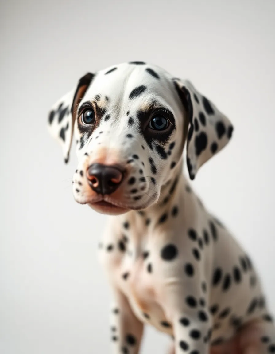 Close-Up of Dalmatian Puppy with Playful Expression An exquisite close-up of a Dalmatian puppy showcasing its unique spotted coat and curious expression. Captured under soft studio lighting, the puppy's features and textures come to life with exquisite detail. The shallow depth of field beautifully isolates the subject, while the gentle color palette enhances its innocent allure. This captivating image highlights the puppy's playful spirit and charm.