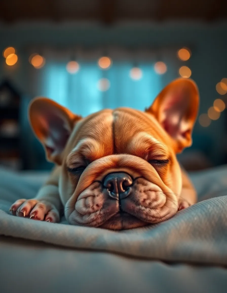 A sleeping bulldog puppy rests peacefully on a plush blanket, embodying tranquility and comfort. The warm tungsten lighting casts gentle shadows that enhance the texture of its velvety fur. The shallow depth of field creates an intimate feel, focusing on the delightful features of the puppy as it dreams. The soothing teal and orange color grading enhances the cozy atmosphere, making this image a heartwarming capture of pet serenity.