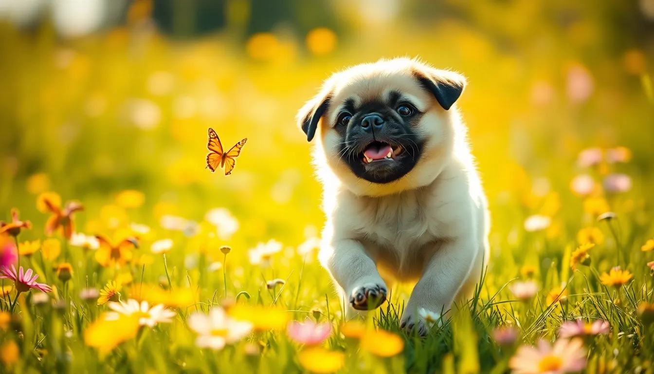 Pug Puppy Chasing Butterfly in Meadow This delightful image showcases a pug puppy playfully chasing a butterfly in a vibrant sunlit meadow. The bright golden sunlight imbues the scene with energy and happiness, while the puppy’s fluffy coat stands out against the colorful wildflowers. Captured in a dynamic Dutch angle, the photograph conveys a sense of motion and joy, celebrating the playful spirit of puppies. This vivid portrayal of nature and playfulness is sure to warm the hearts of viewers.