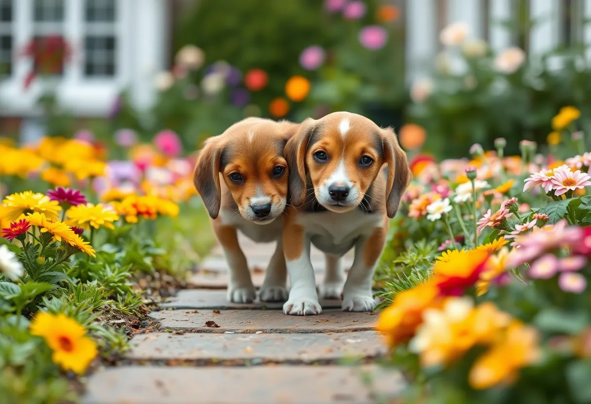 Beagle Puppies Exploring Colorful Garden This enchanting image captures two curious beagle puppies exploring a vibrant garden after a refreshing rain. The overcast sky provides evenly diffused light, making the rich colors of the blooming flowers pop beautifully. With soft droplets lingering on the flower petals, the scene is alive with texture and detail. The composition skillfully uses leading lines to draw attention to the puppies, evoking a sense of discovery and joy in nature.