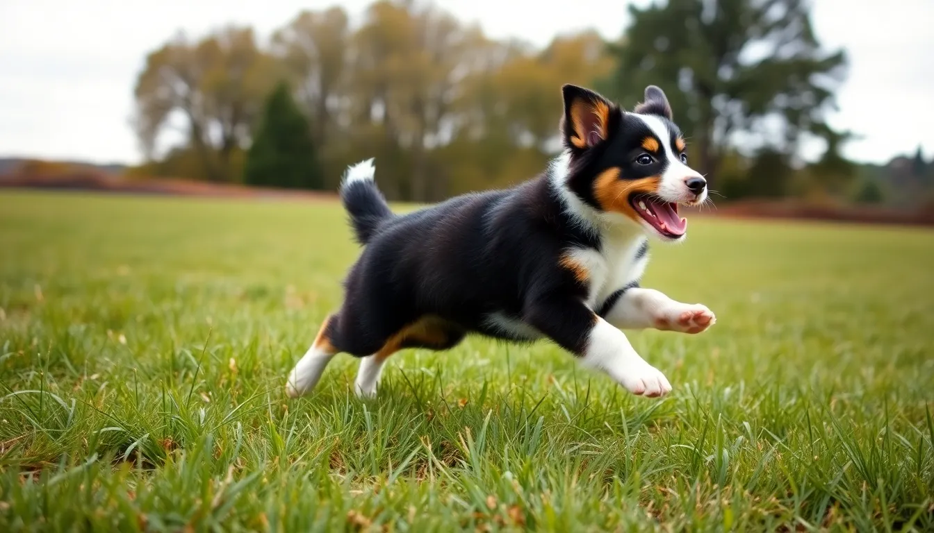 An energetic border collie puppy leaps joyfully through a lush green field, under bright overcast skies. The soft daylight creates an even glow, enhancing the vibrant greens of the grass. This dynamic image captures the spirit of playfulness and adventure, as the puppy's fur fluffs in motion. The sharp details throughout the scene ensure every element is vibrant and alive.