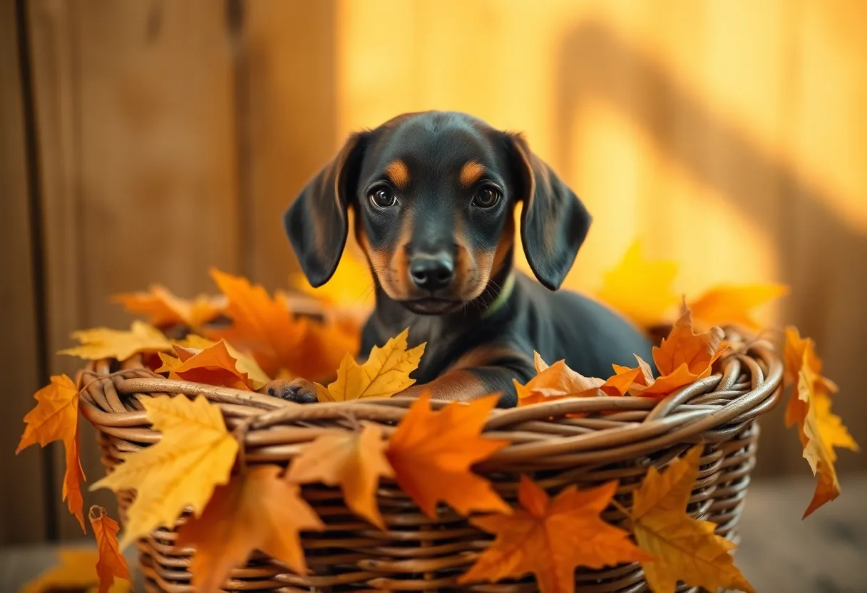 This charming image features a tiny dachshund puppy nestled in a cozy woven basket, surrounded by vibrant autumn leaves. The warm butter-yellow sunlight enhances the puppy's glossy coat, creating an inviting glow. The rustic wooden backdrop and warm color palette evoke feelings of nostalgia and comfort. With the puppy placed centrally, it captures the viewer's attention, making this ideal for autumn-themed pet photography.