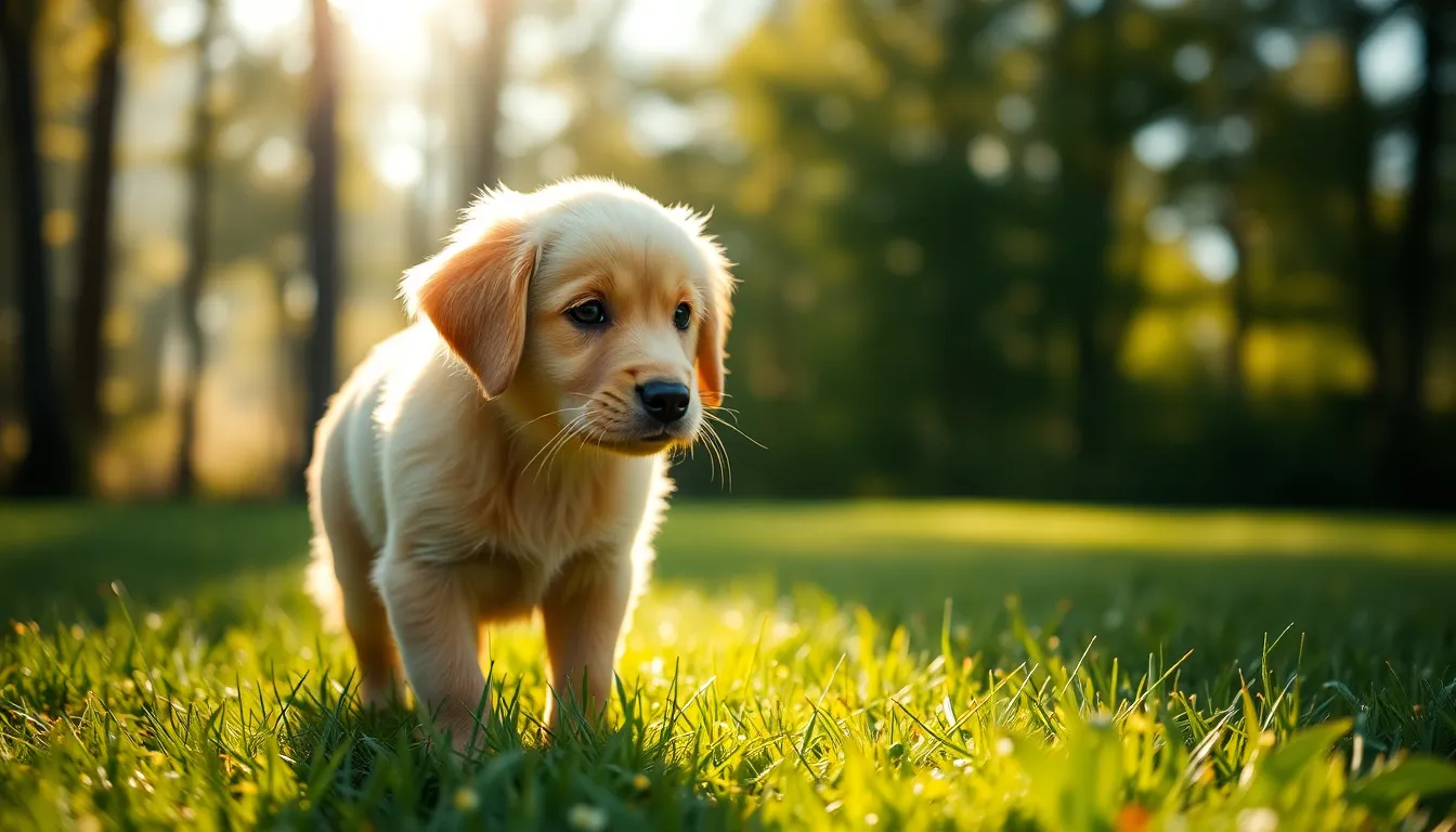 Golden Retriever Puppy in Sunlit Grass