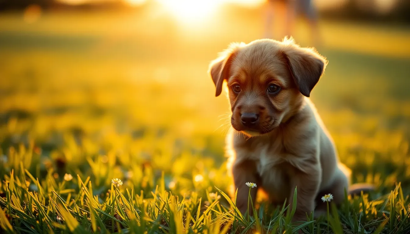 A playful golden retriever puppy frolics in a sunlit grassy field during golden hour. The warm light highlights its soft, fluffy fur, while delicate dew droplets accentuate the vibrant green grass. Captured with a shallow depth of field, the puppy's joyful expression contrasts beautifully against the blurred background, creating an inviting, cheerful mood. The warm tones invoke a sense of nostalgia and happiness.