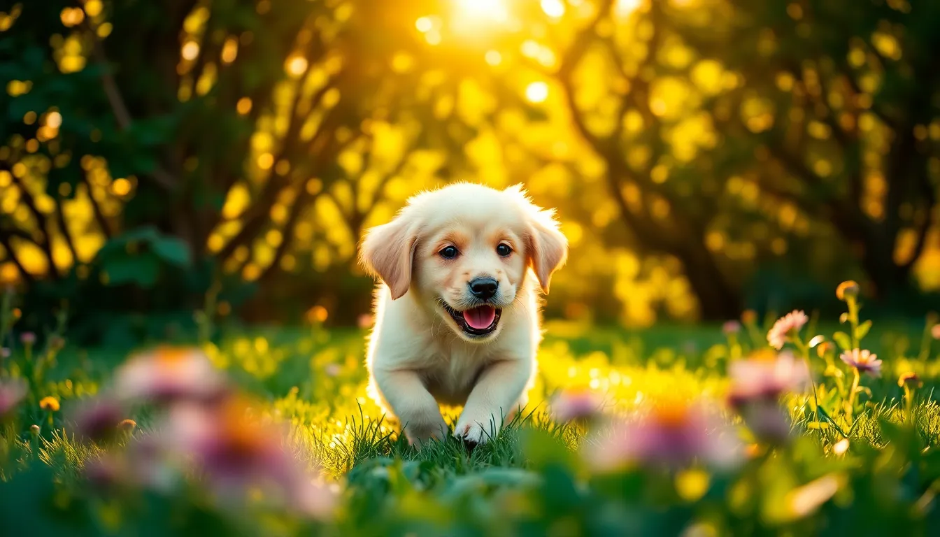 A joyful Golden Retriever puppy is captured mid-frolic in a sunlit garden, embodying the essence of playfulness and innocence. The warm, golden hour light envelops him, bringing out the rich golden tones of his fur and the vibrant greens of the garden surrounding him. The soft focus and bokeh from the foliage lend a dreamy quality to the scene, making it feel like a magical moment. This composition expertly balances the puppy’s charming expression with the beauty of nature, evoking feelings of happiness and freedom.