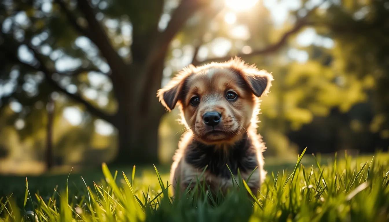 A playful puppy sits in a sunlit garden, surrounded by a mosaic of lush green grass and soft sunlight filtering through the tree canopy. The image captures the puppy’s expressive eyes and fluffy fur, highlighted by the gentle bokeh in the background. This serene outdoor setting evokes a joyful, carefree mood, perfect for showcasing the essence of canine innocence. The warm, muted color palette adds a layer of softness to the scene.