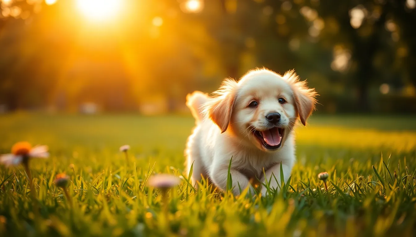 This heartwarming image captures a golden retriever puppy playing joyfully in a vibrant park during the golden hour. The warm light creates a soft halo effect around its fluffy fur, while the lush green grass provides a perfect backdrop. The puppy's joyful expression conveys a sense of freedom and happiness, making this an ideal image for pet lovers. The composition draws the viewer's eye to the puppy, showcasing its playful nature amidst colorful flowers.