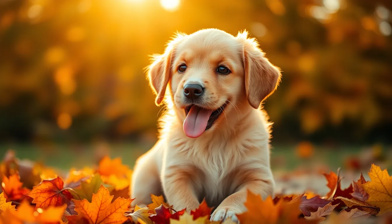 A joyful golden retriever puppy frolics among a carpet of vibrant autumn leaves during the golden hour. The soft backlighting adds a warm glow, highlighting the puppy's playful expression and fluffy fur. With a shallow depth of field, the background melts into soft bokeh, enhancing the focus on this adorable scene. The warm colors evoke a sense of happiness and peace, capturing the essence of a perfect fall day.
