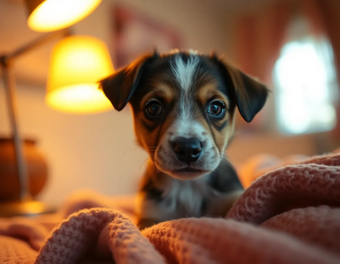 In a cozy indoor setting, a puppy is illuminated by the soft glow of a warm tungsten desk lamp. The light creates a gorgeous pool around the subject, while the selective focus highlights the puppy's expressive eyes. The background melts into a soft painterly bokeh, enhancing the intimate atmosphere of the scene. The warm tones and textures of a soft blanket contribute to the comforting mood, making this image perfect for conveying warmth and affection.