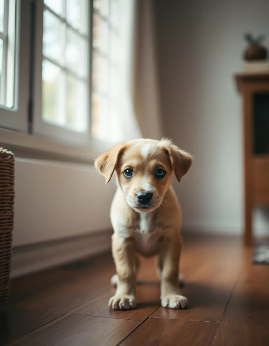 This intimate indoor portrait captures a sleepy dachshund puppy reclining on a rustic wooden floor, bathed in soft, diffused daylight from a nearby window. The selective focus on the puppy's expressive eyes creates an emotional connection, while the gently blurred background enhances the cozy atmosphere. Muted earth tones and natural textures highlight the warmth of the scene, inviting viewers into a tranquil moment.