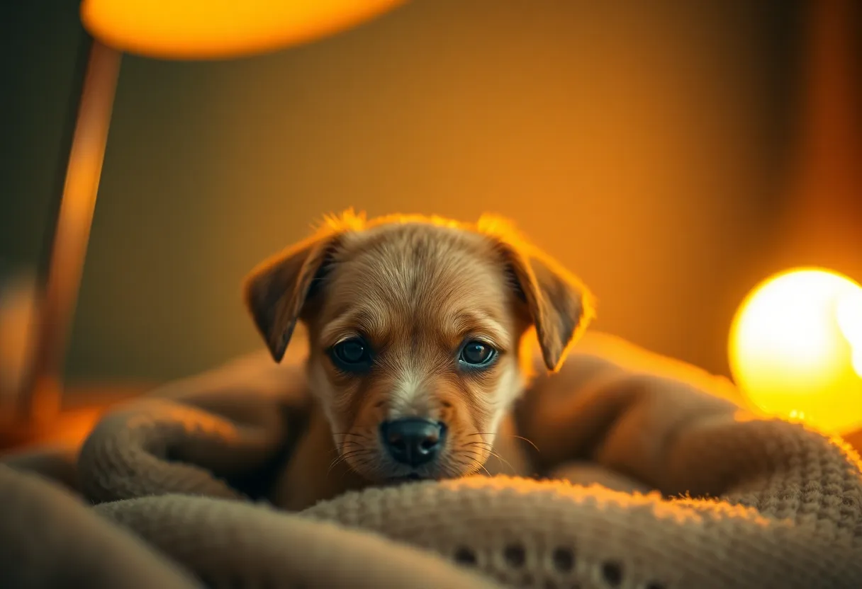 A snugly French bulldog puppy is beautifully framed against a backdrop of warm ambient light, created by a nearby desk lamp. The soft, golden glow enhances the puppy's gentle features, while the selective focus accentuates its expressive face amidst a cozy blanket. Captured with muted tones, this heartwarming scene evokes a sense of comfort and warmth, perfect for pet lovers.