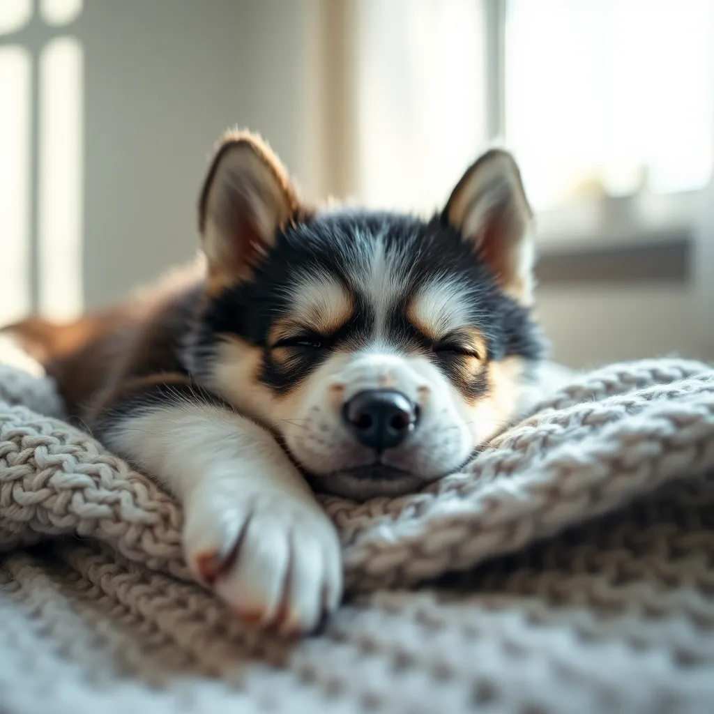 Adorable Husky Puppy Sleeping on Blanket In this heartwarming close-up, an adorable husky puppy is peacefully sleeping on a cozy knitted blanket. Bathed in soft, natural daylight, the image captures the serene expression on the puppy's face, showcasing its fluffy fur. The gentle shadows lend a sense of tranquility, while the delicate texture of the blanket adds depth. Perfectly composed in the center, this intimate portrait evokes feelings of warmth and comfort, ideal for pet lovers.
