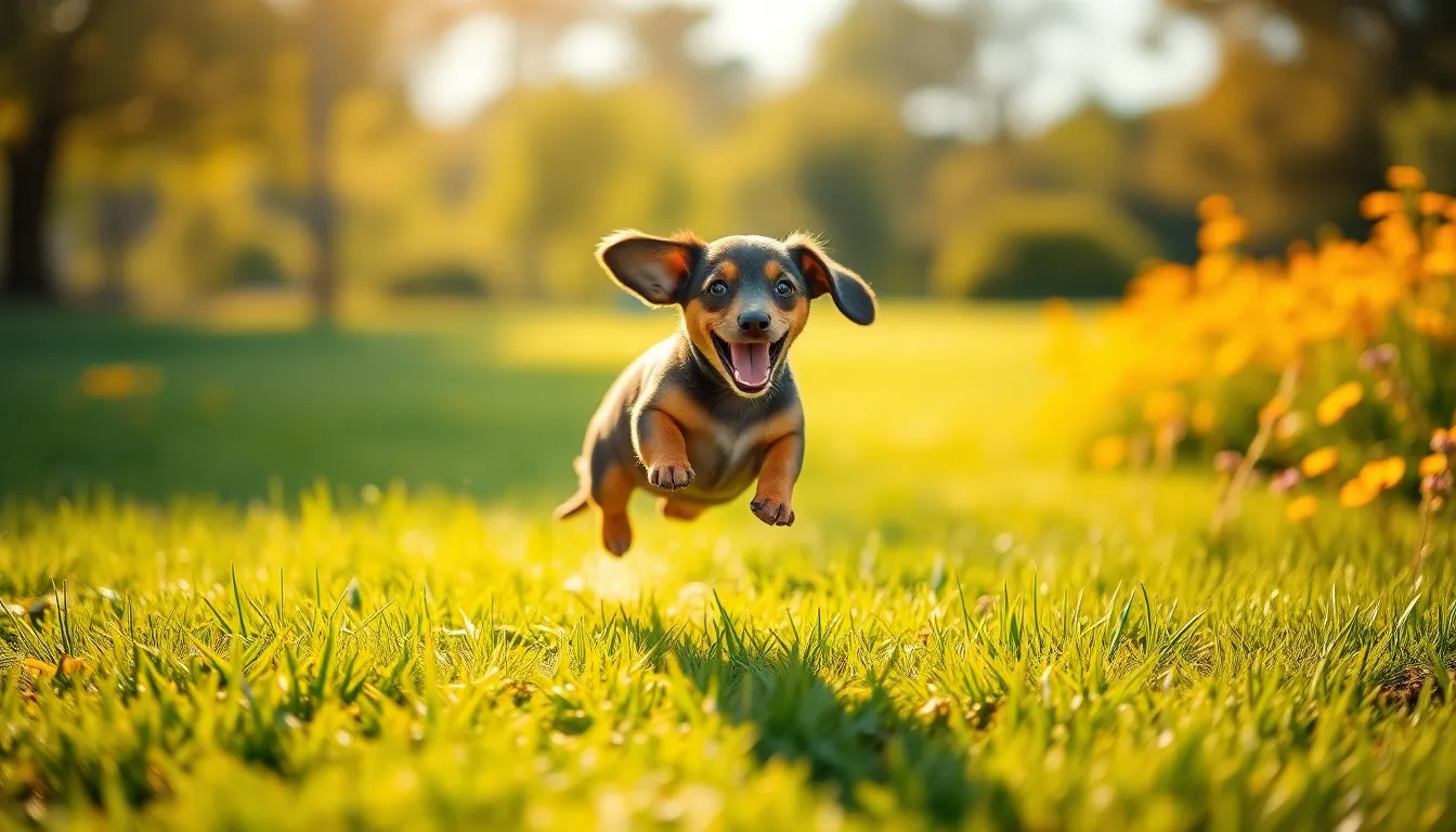 A joyful Dachshund puppy is captured in mid-leap, exuding energy and playfulness against a backdrop of sunny park greenery. The sunlight bathes the scene in warmth, creating a captivating golden aura around the puppy, emphasizing its lively spirit. The vivid colors of the wildflowers and grass form a beautiful bokeh in the background, enhancing the puppy's charm. This dynamic composition not only showcases the puppy's adorable expression but also conveys the essence of a sunny day filled with adventure and joy.