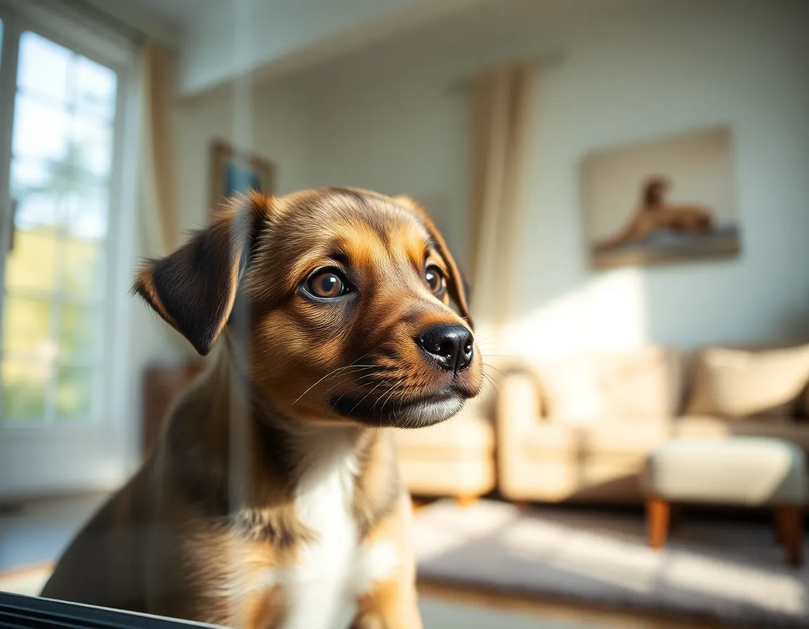 A cozy living room scene features a fluffy puppy gazing out of a sunlit window, creating an inviting atmosphere. The diffused daylight highlights the puppy's facial features, while the selective focus pulls the viewer's attention to its expressive eyes. The soft bokeh background enhances the serene ambiance, making it a perfect representation of comfort and warmth in a pet owner's home. The muted colors contribute to the overall calming effect.