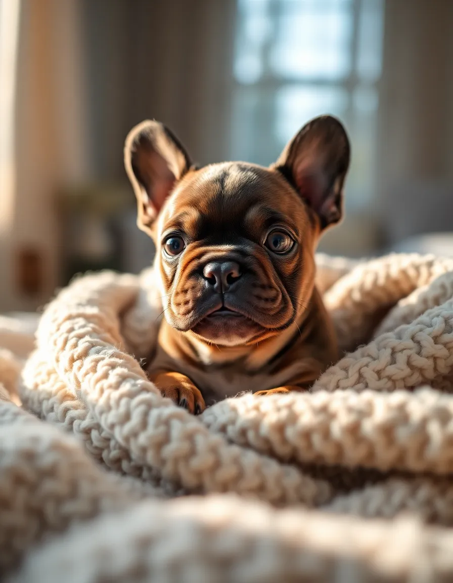 Cozy French Bulldog Puppy in Knitted Blanket A small French Bulldog puppy relaxes in a soft, knitted blanket, bathed in warm daylight from a nearby window. The textured fabric wraps around the puppy, enhancing its endearing features and expressive eyes. The shallow depth of field draws attention to the puppy’s comforting presence, while the warm tones create a soothing atmosphere. This portrait beautifully captures the essence of a peaceful moment shared between pet and owner.