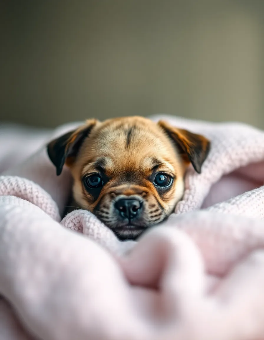 This heartwarming portrait features a tiny pug puppy cozied up in a soft, pastel-colored blanket. The subdued lighting creates a warm and inviting atmosphere, perfect for capturing the puppy's expressive features. With a gentle focus on its eyes, the image beautifully highlights the texture of the blanket and the soft fur of the puppy. This composition evokes feelings of comfort and tenderness, perfect for pet lovers.