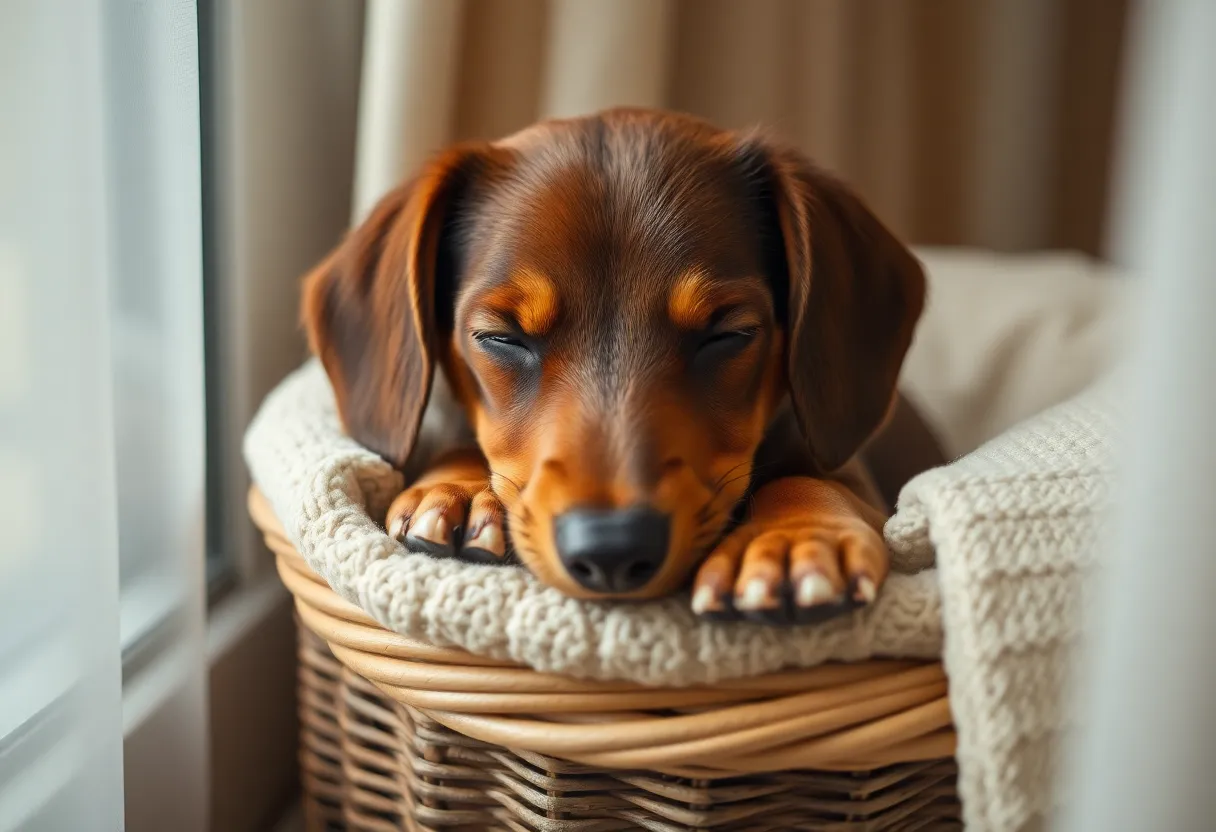 This intimate close-up captures a dachshund puppy blissfully napping in a cozy basket. Soft, filtered light from a nearby window bathes the scene in warmth, enhancing the puppy's peaceful expression. The shallow depth of field focuses on the puppy's adorable features while softly blurring the surrounding materials, creating a dreamy quality. With natural, earthy tones, this image evokes feelings of comfort and serenity.