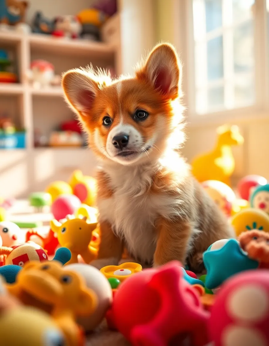 This vibrant image features an adorable corgi puppy playing in a sunny playroom, surrounded by an array of colorful toys. The warm daylight creates a joyful atmosphere, illuminating the puppy's fluffy coat and playful demeanor. The bright colors of the toys contrast beautifully with the soft texture of the puppy's fur, inviting viewers into a world of fun and play. The focused composition draws attention to the puppy, ensuring it remains the lively centerpiece of the scene.