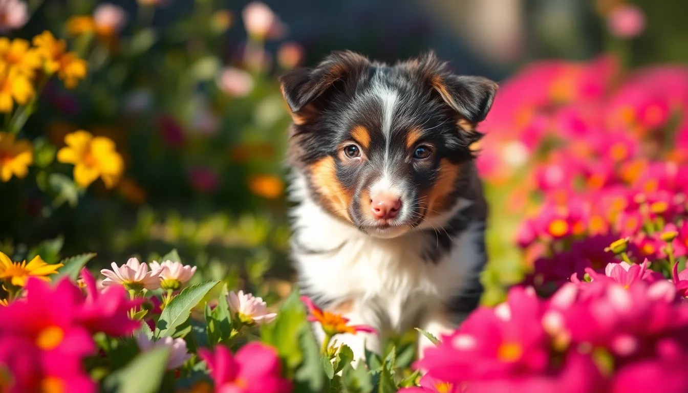 This vibrant image captures a fluffy border collie puppy curiously exploring a colorful flower garden. The dappled sunlight creates captivating patterns across the scene, highlighting the textures of the puppy's fur and the petals around it. The puppy's inquisitive expression draws the viewer in, while the explosion of colors conveys a lively, summer atmosphere. The composition effectively uses leading lines to guide the eye toward the puppy amidst the blooms.