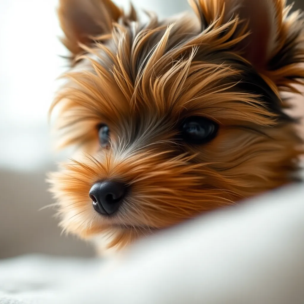 Close-Up of Adorable Yorkshire Terrier Puppy A close-up view of a Yorkshire Terrier puppy reveals its delicate features and vibrant fur. The puppy's intriguing expression shines through as soft, diffused light enhances the texture of its coat. The shallow depth of field draws all focus to its lively eyes, while the creamy bokeh creates a dreamlike quality. This intimate portrait encapsulates the pure charm of the puppy.