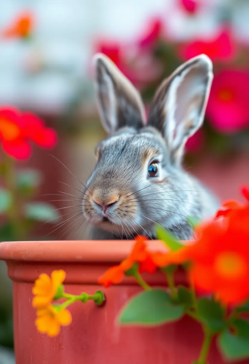 This delightful image features a curious gray rabbit peeking out from behind a bright flower pot, embracing the wonders of its surroundings. The soft morning light creates a warm atmosphere, highlighting the rabbit's curious expression and rich fur texture. Surrounded by colorful flowers, the rabbit stands out beautifully against the vibrant backdrop. The composition's use of leading lines draws the viewer's gaze, capturing the essence of inquisitiveness and playfulness in a charming garden setting.