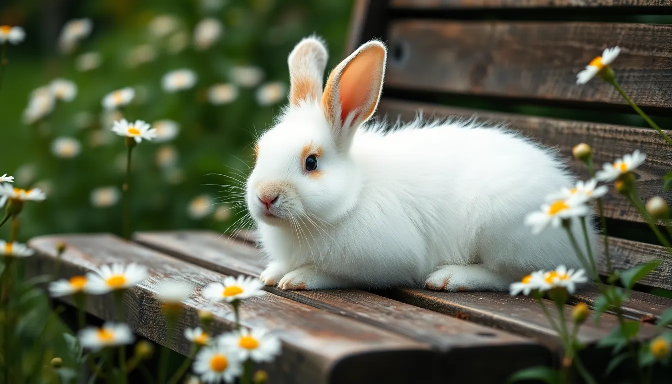 This enchanting image features a fluffy white rabbit lounging on a rustic garden bench, surrounded by vibrant flowers in bloom. The soft, diffused light adds a serene quality to the scene, highlighting the delicate fur texture of the rabbit. With a gentle color palette of greens and earthy tones, the image evokes a tranquil and peaceful atmosphere, perfectly capturing the essence of springtime. The shallow depth of field draws attention to the rabbit, blurring the colorful surroundings beautifully.