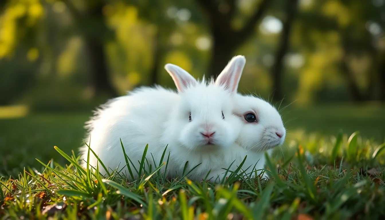 This serene image features a fluffy white rabbit resting on vibrant green grass, captured in soft, diffused daylight. The setting exudes a tranquil atmosphere, enhanced by shallow depth of field that blurs the background while highlighting the rabbit's soft fur and dark eyes. The natural and muted color palette showcases the fresh greens of spring, creating a peaceful and inviting scene perfect for pet enthusiasts.
