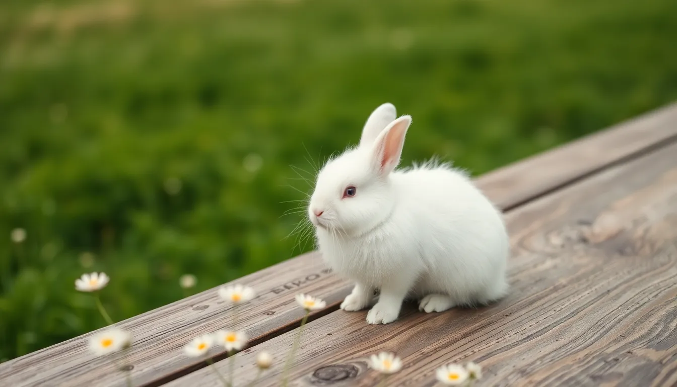 White Rabbit on Wooden Picnic Table