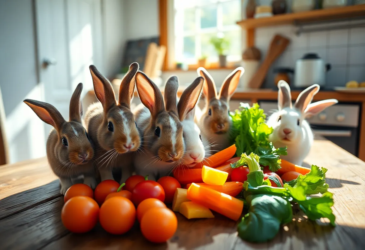 In this charming kitchen scene, a group of rabbits nibbles on fresh vegetables bathed in natural daylight. Captured in stunning detail, the rabbits are surrounded by vibrant colors that highlight the freshness of their meal. The soft shadows cast by sunlight create a cozy atmosphere, while the hyperfocal setup provides sharpness throughout the scene. This delightful tableau emphasizes the innocence and charm of rabbits enjoying wholesome food.