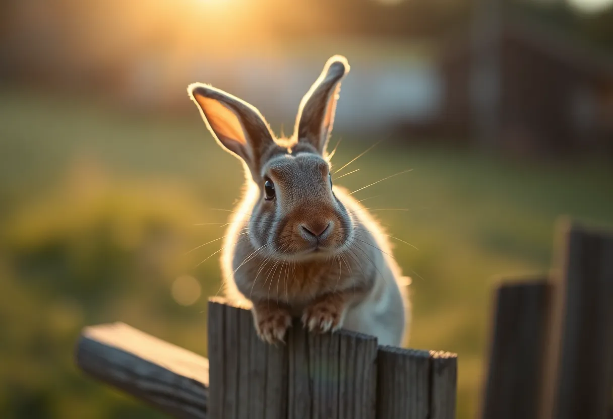 In this striking composition, a majestic rabbit is showcased atop a rustic wooden fence, basking in the golden light of late afternoon. The warm glow enhances the natural texture of the rabbit's fur and features, while selective focus draws attention to its expressive eyes. With earthy colors and leading lines that guide the eye, this image captures a moment of serenity and beauty in an outdoor setting, inviting viewers to appreciate the majesty of nature.