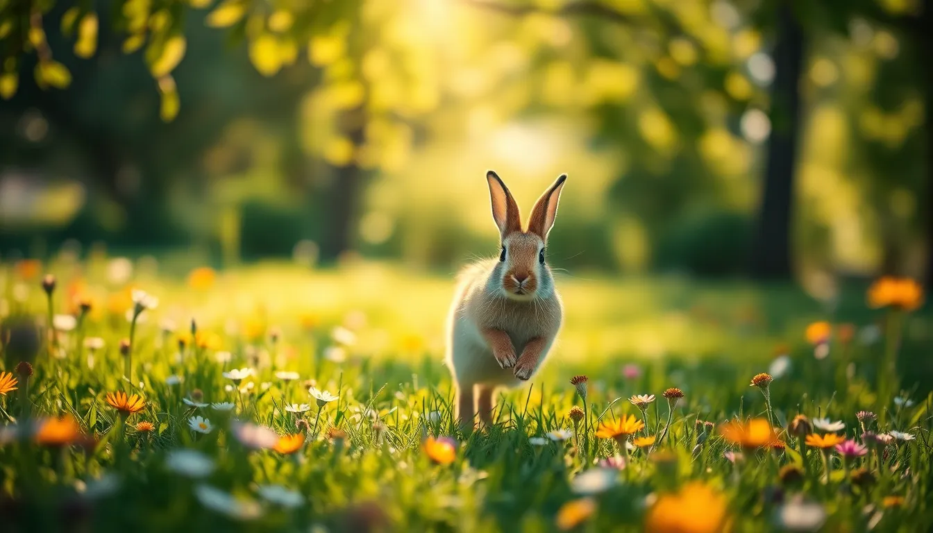 In this lively scene, a playful rabbit is captured mid-hop across a sunlit meadow brimming with colorful wildflowers. Dappled sunlight creates enchanting patterns around the rabbit, enhancing the sense of movement and joy. The focus on the rabbit, with its soft fur texture, contrasts beautifully against the dreamy background of softly blurred flowers. This image exemplifies the spirit of nature and playfulness, making it a perfect depiction of wildlife in its natural habitat.