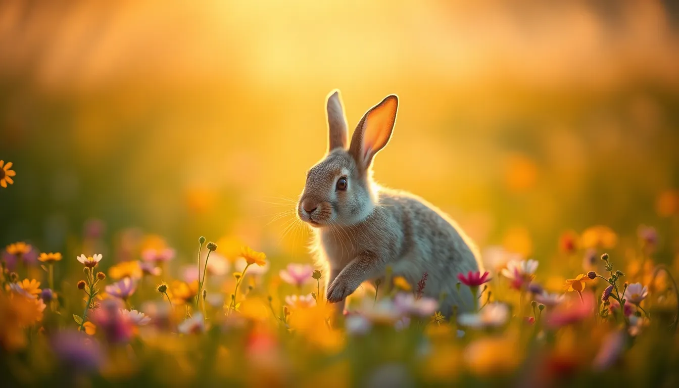 This enchanting outdoor scene captures a rabbit gracefully hopping through a vibrant field of wildflowers during golden hour. The warm backlighting creates a beautiful halo effect, enhancing the rabbit's fur and bringing a magical quality to the image. With a dreamy bokeh that blurs the vivid colors of the flowers, the photograph showcases the soft pastels reminiscent of Kodak Portra 400 film. The placement of the rabbit at the left power point invites the viewer to explore the colorful expanse of the field.