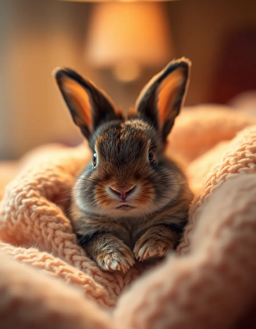 This heartwarming image captures an adorable baby rabbit snuggled in a soft blanket, exuding warmth and comfort. The gentle Rembrandt lighting highlights the fine details of its fur, while a shallow depth of field ensures the rabbit remains the focal point. The warm tones in the color palette create a cozy atmosphere, evoking feelings of safety and serenity. This delightful scene invites viewers to experience the tender moments of pet companionship.