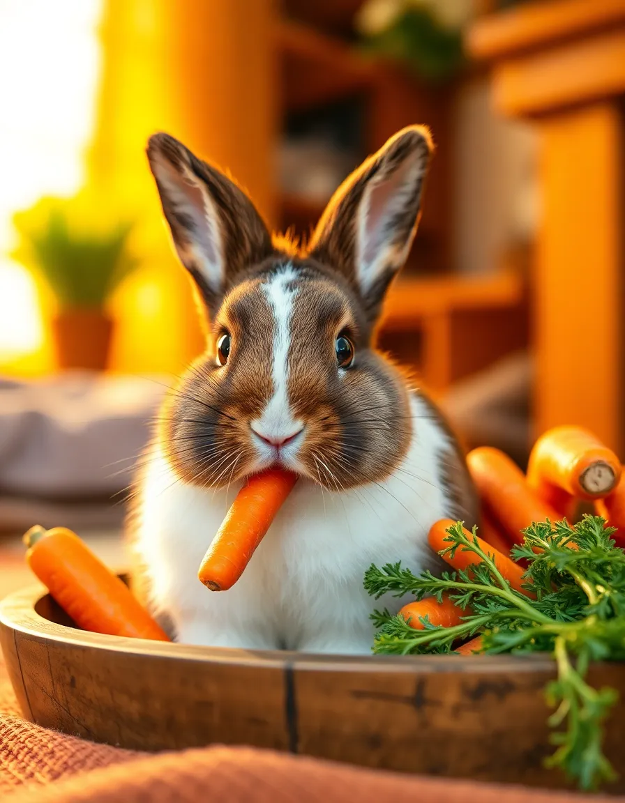 This charming image showcases a brown and white rabbit happily nibbling on fresh carrots in a cozy home setting. Warm tungsten lighting bathes the scene in a golden glow, accentuating the texture of the rabbit's fur and the earthy tones of the carrots. With a sharp focus throughout the image, the composition draws the viewer's eye to the rabbit, positioned cleverly within a rustic context. This delightful portrayal of domestic life captures the joy and warmth of having a pet rabbit.