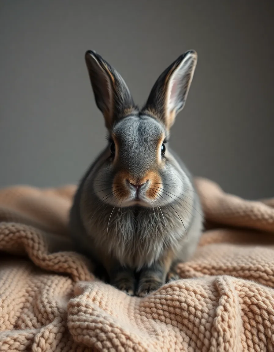 This elegant image features a gray rabbit posed on a soft, textured blanket, captured in dramatic Rembrandt lighting. The carefully arranged lighting highlights the contours of its fur, while a lush bokeh enhances the luxurious feel of the scene. The warm, inviting color palette complements the rabbit's serene expression, creating a beautiful focal point that draws viewers into its tranquil world.