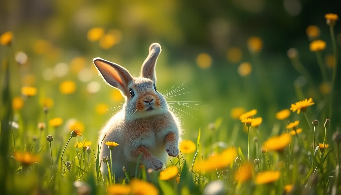 This vibrant image showcases an energetic rabbit frolicking in a lush field filled with colorful wildflowers. Dappled sunlight streams through the grass, creating enchanting bokeh highlights that add to the joyful atmosphere. The rabbit is captured in crisp detail against a soft background, drawing attention to its playful nature. The rich greens and yellows celebrate the beauty of spring, inviting viewers to join in this lively outdoor adventure.