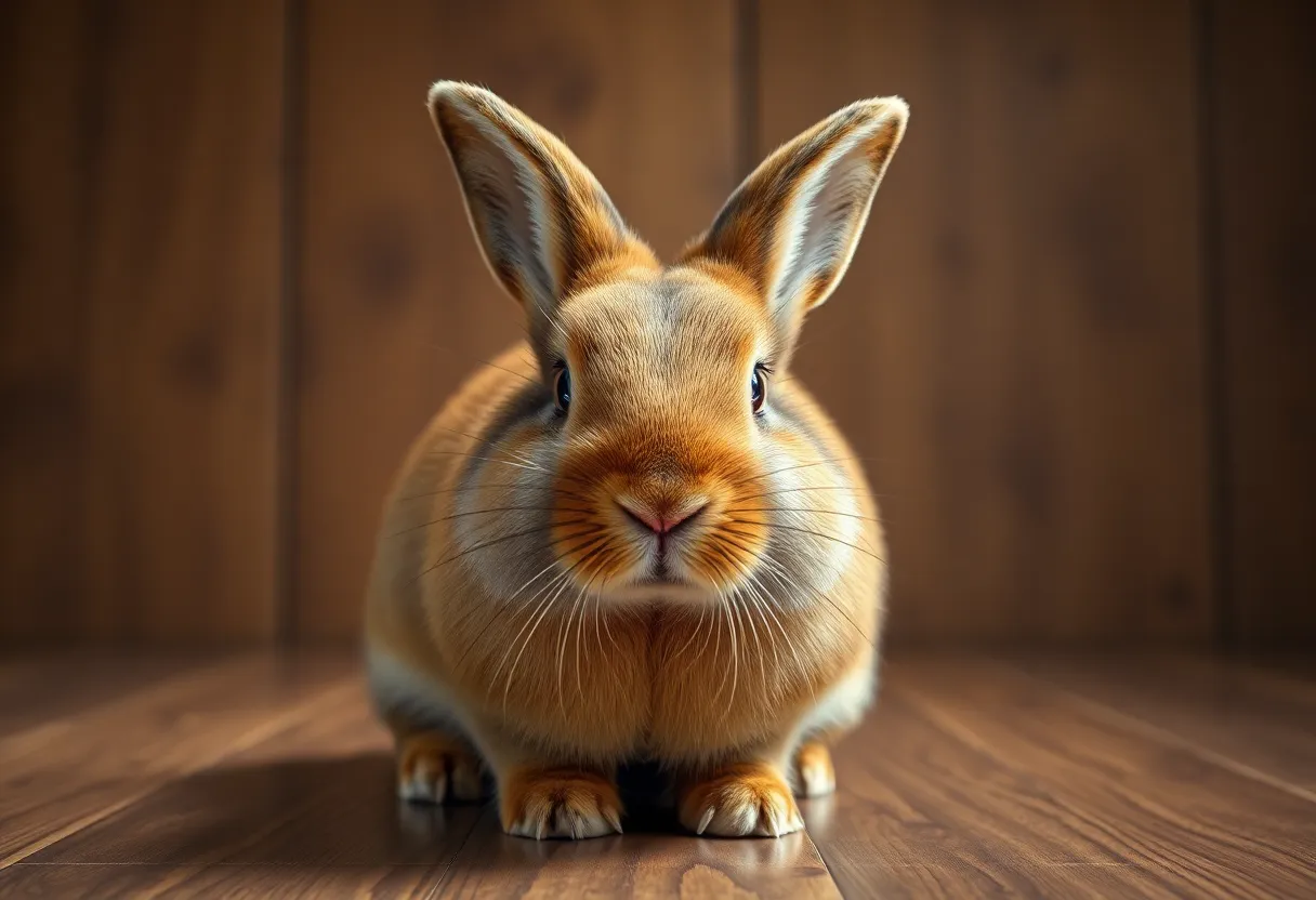 Studio Portrait of a Brown Rabbit A captivating studio portrait of a brown rabbit, illuminated by a dramatic overhead softbox. The rich textures of its fur are accentuated, revealing a gleaming sheen that contrasts beautifully with the warm tones of the wooden floor beneath it. This striking composition captures the rabbit's alert expression, evoking a sense of curiosity and playfulness framed in a well-balanced symmetrical layout.