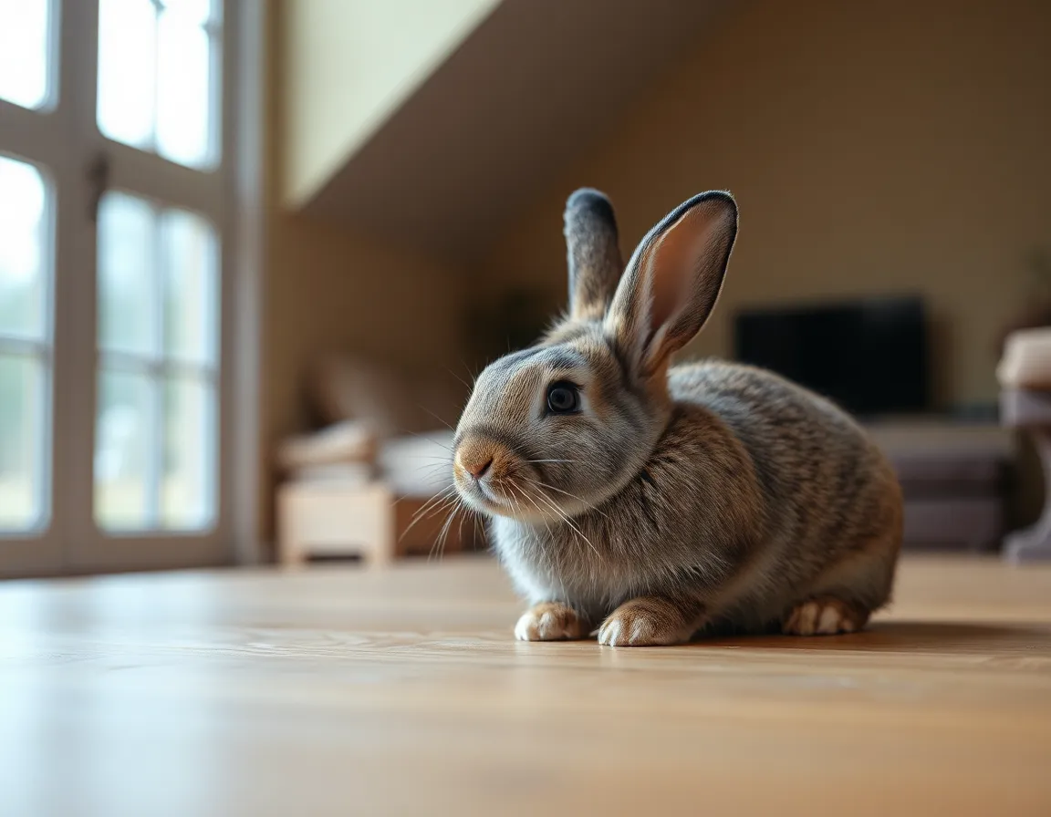 In this serene indoor scene, a rabbit is positioned comfortably on a richly textured wooden surface, bathed in soft, diffused daylight. The overcast light enhances the rabbit's tranquil demeanor and soft fur while creating a calm and peaceful environment. With a focus on natural, muted tones, the composition invites viewers to appreciate the simplicity and beauty of indoor pet life.