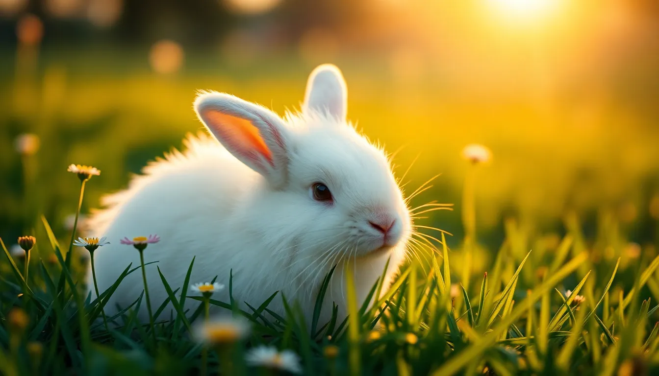 Fluffy White Rabbit on Green Grass A fluffy white rabbit lounges comfortably on a lush patch of green grass, illuminated by the golden hour's warm light. The rabbit's soft fur is beautifully contrasted against the vibrant wildflowers surrounding it. The shallow depth of field focuses on the rabbit, while the background melts into a bokeh of colors, creating a serene and inviting atmosphere. This image captures the essence of tranquility in nature, perfect for pet lovers and nature enthusiasts.