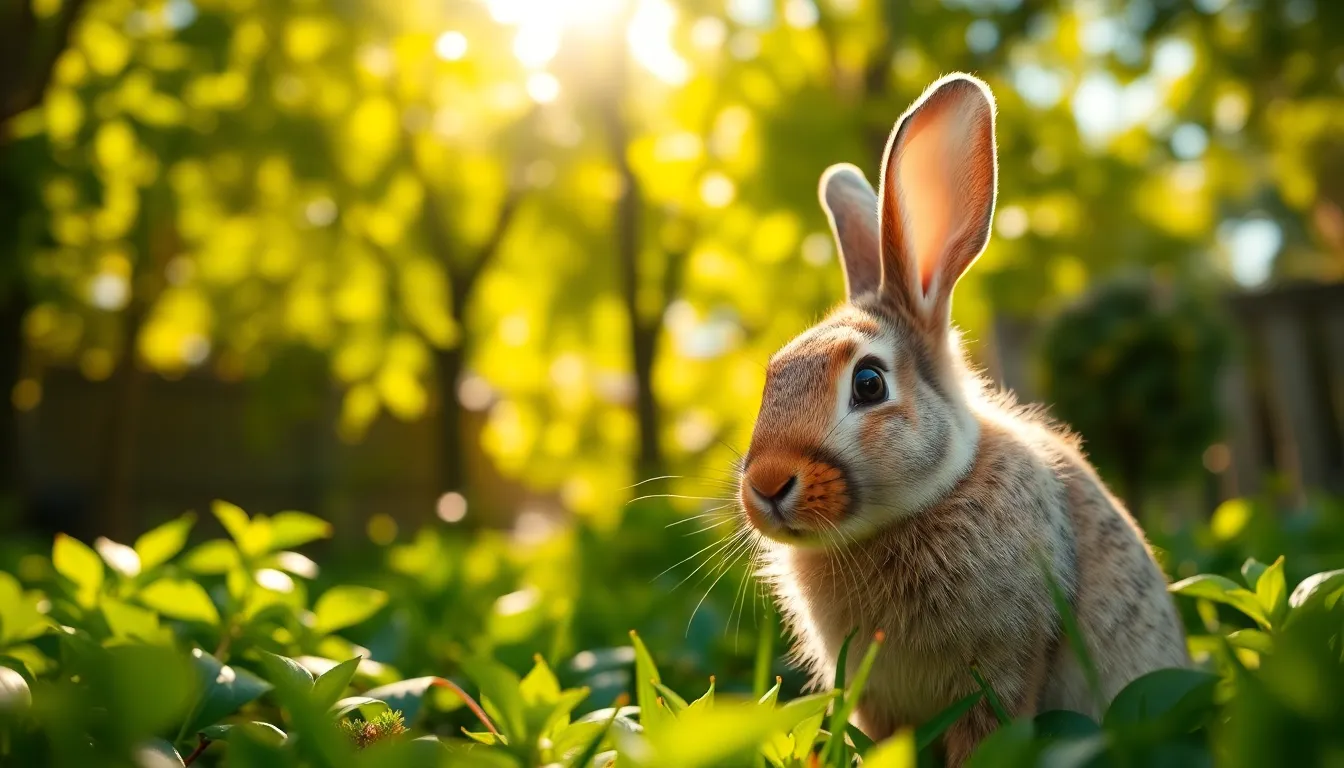 This enchanting image features a fluffy rabbit nestled among vibrant green foliage in a sunlit garden. The warm golden sunlight filters through the leaves, creating dappled patterns of light on the ground. The rabbit's soft fur is exquisitely detailed, showcasing its natural texture, while the background melts into a creamy bokeh. Perfect for animal lovers, this scene captures a serene and tranquil moment in nature.