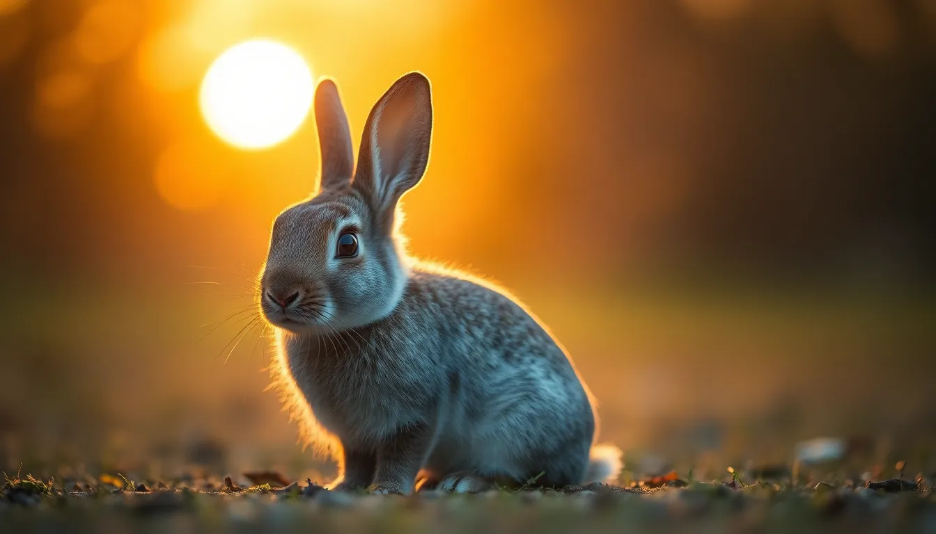 A fluffy rabbit sits gracefully in a sunlit meadow during golden hour, its ears perked up and fur softly illuminated by the warm light. The surrounding grass is slightly blurred, emphasizing the rabbit's gentle expression and soft texture. The natural muted tones create a serene atmosphere, perfect for pet lovers. The composition adheres to the rule of thirds, drawing the eye to the adorable subject.