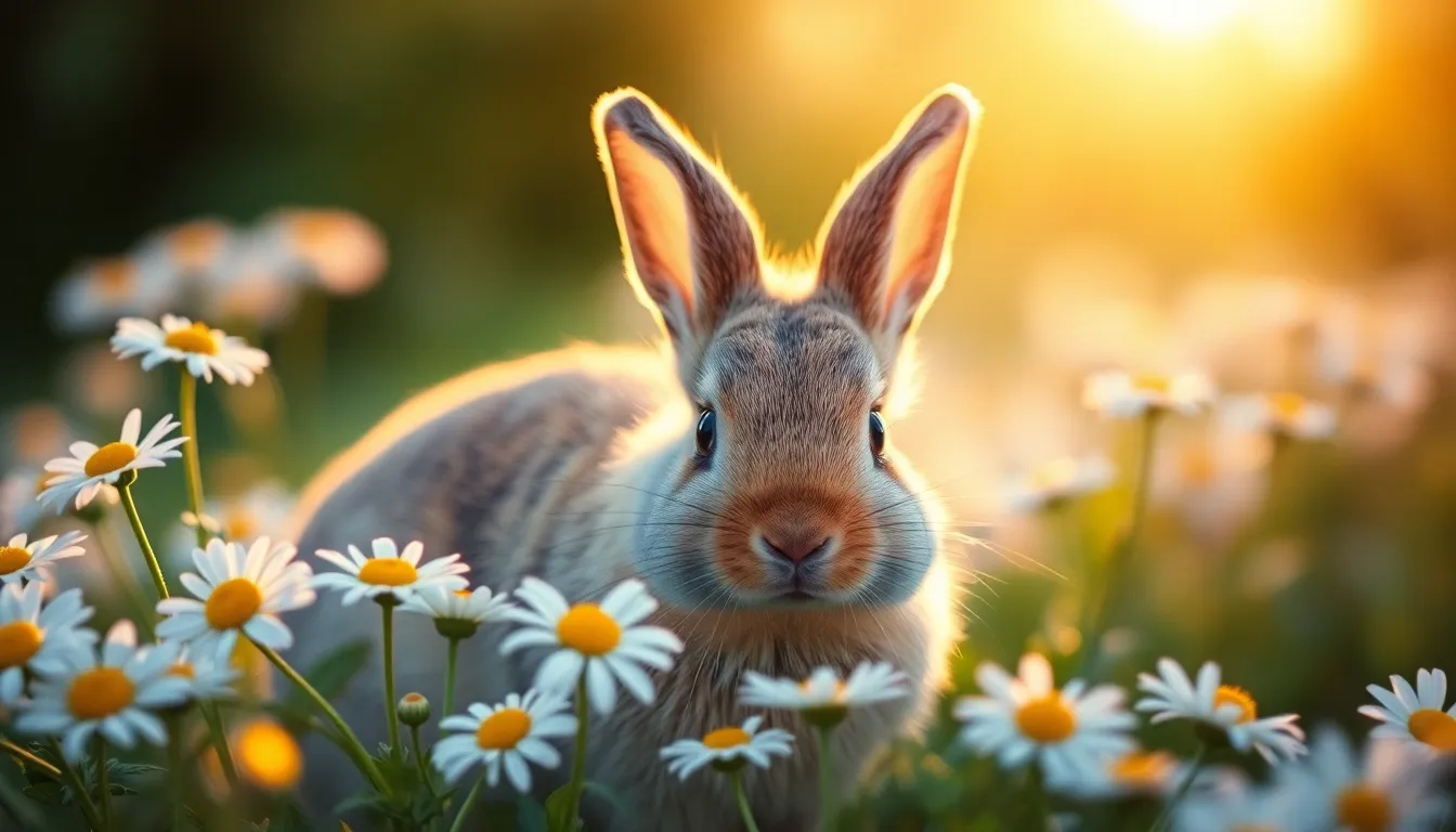 A charming rabbit sits amidst a vibrant field of blooming daisies during the golden hour. The warm backlighting creates a soft, ethereal glow around its fur, emphasizing the rabbit's playful expression. The shallow depth of field beautifully blurs the background, allowing the subject to stand out. The Kodak Portra-inspired colors enhance the warmth of the scene, creating a serene and inviting mood.