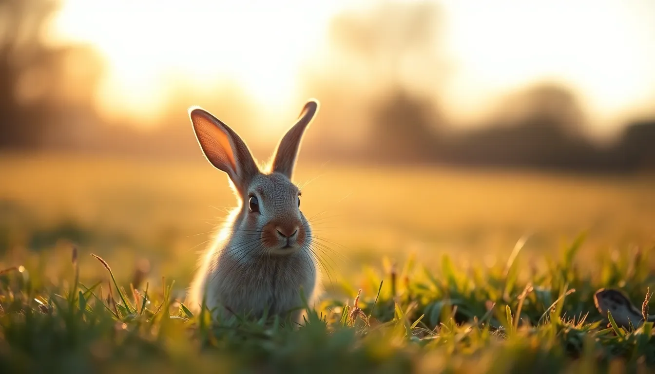 A charming rabbit perched in lush grass during golden hour, its fur illuminated by warm backlighting. The scene captures the delicate morning dew glistening on the blades of grass, creating an ethereal atmosphere. With a shallow depth of field, the foreground rabbit is crisply focused against a soft, blurred background. The earthy color palette invokes a serene, natural mood.