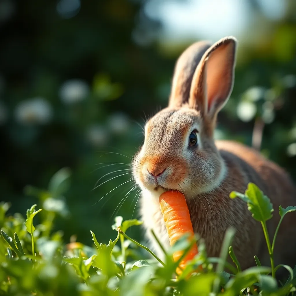 A detailed macro shot of a rabbit curiously nibbling on a carrot amidst a lush green garden. The soft natural light highlights the texture of its fur and the vibrant orange carrot, creating a harmonious color scheme. This close-up captures a moment of intimacy and focus, showcasing the rabbit's expressive features and the serene beauty of nature around it.